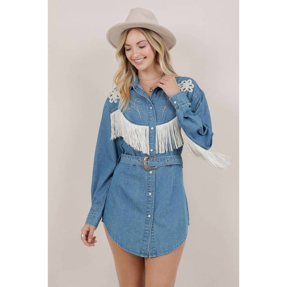 NEW SAINTS & HEARTS embroidery detail fringe denim dress in medium wash - Picture 2 of 4